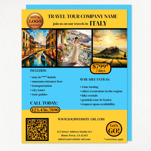 Anpassningsbar Färg Photo Travel Template Reklamblad (A travel agency flyer with your logo, QR code and 3 photos)