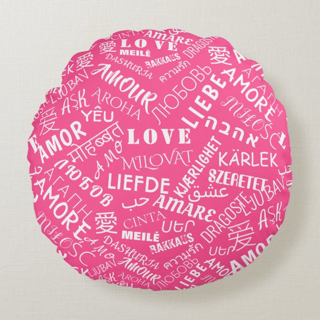 Anpassningsbar Färg Round PillowLove Text MultiLan Rund Kudde (Framsidan)