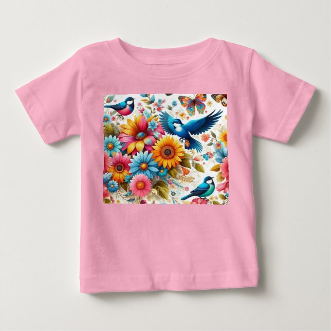 Anpassningsbar Färgämnen Fågelblommor Rosa T Shirt (Framsida)