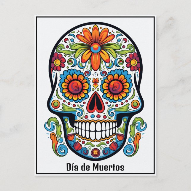 Anpassningsbar 💀 färgdoodle Día de Muertos Vykort (Framsida)