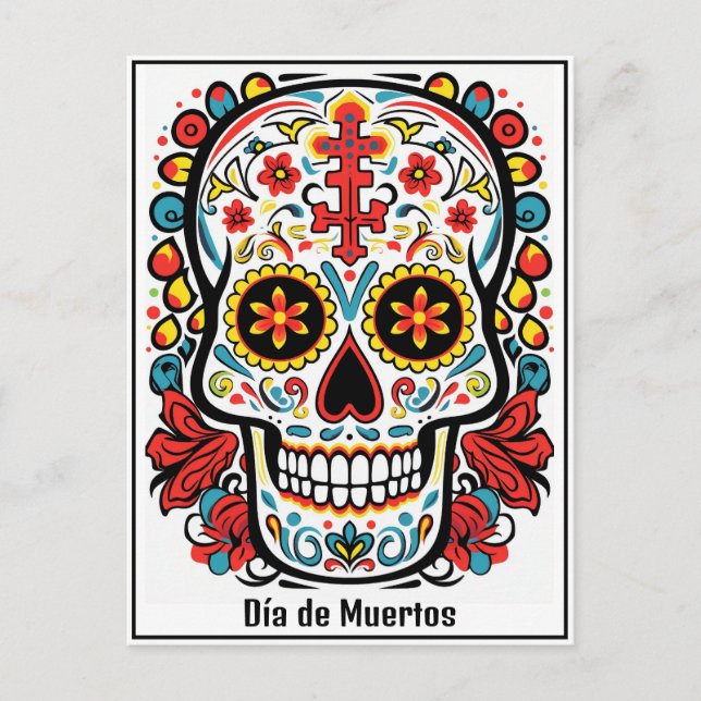 Anpassningsbar 💀 färgdoodle Día de Muertos Vykort (Framsida)
