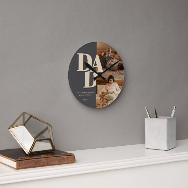 Anpassningsbar Fars dag Photo Collage | PAPPA BREV Rund Klocka (Kontor)