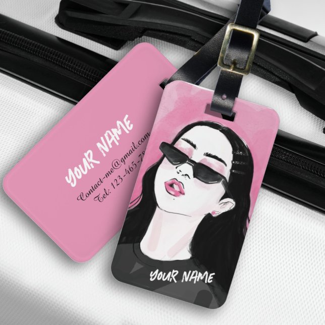 Anpassningsbar Fashionable Black Rosa Modern Girl  Bagagebricka (Illustration painting of a modern girl in back pink color, the trendy color print of the year.)