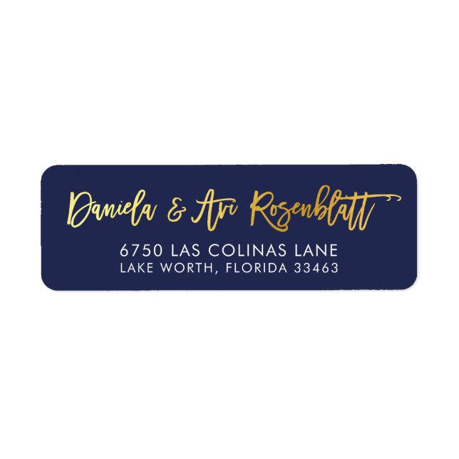 ANPASSNINGSBAR faux guld foil namn marin + guld ZA Returadress Etikett (Framsidan)