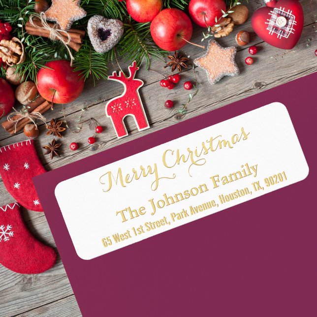 Anpassningsbar Faux Guld God jul Returadress Etikett (Custom Faux Gold Merry Christmas Return Address Label)