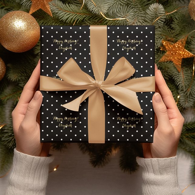 Anpassningsbar Faux Guld Script Black and White Po Presentpapper (Custom Faux Gold Script Black and White Polka Dot Wrapping Paper)