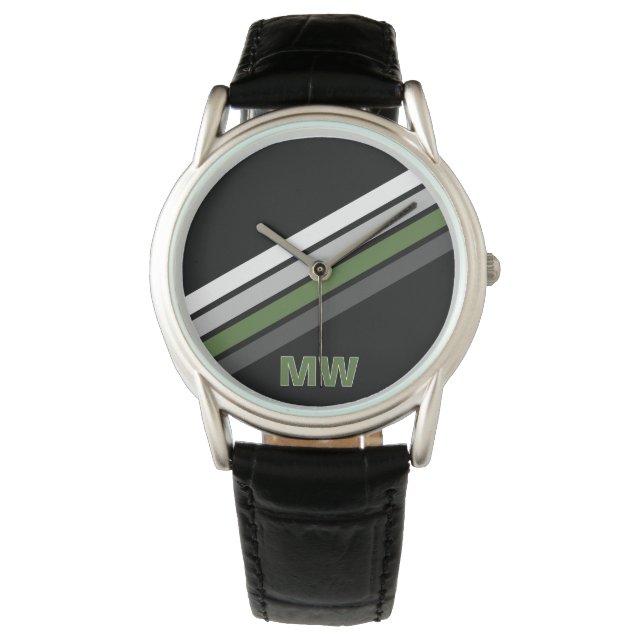 Anpassningsbar Fern Grönt Black Grått White Rand M Armbandsur (Framsida)