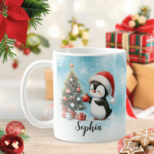 Anpassningsbar Festive Red and Blue Cute Penguin j Kaffemugg