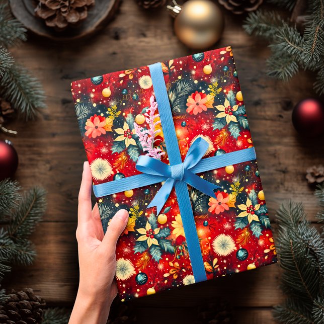 Anpassningsbar Festive Red Blommigt jul Presentpapper (Skapare uppladdad)