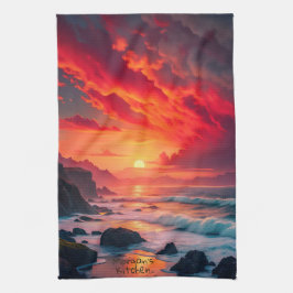 Anpassningsbar Fiery Sunset Kusten - Ocean Cliffs Kökshandduk
