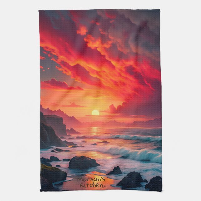 Anpassningsbar Fiery Sunset Kusten - Ocean Cliffs Kökshandduk (Vertikal)