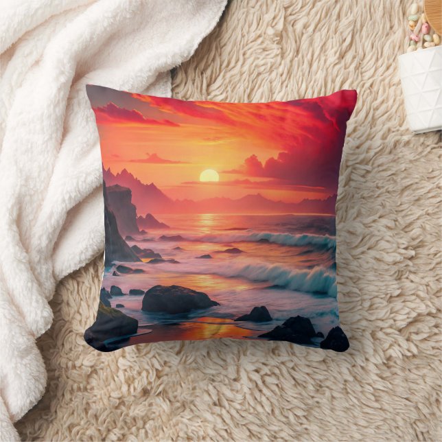 Anpassningsbar Fiery Sunset Kusten - Ocean Cliffs Kudde (Filt)