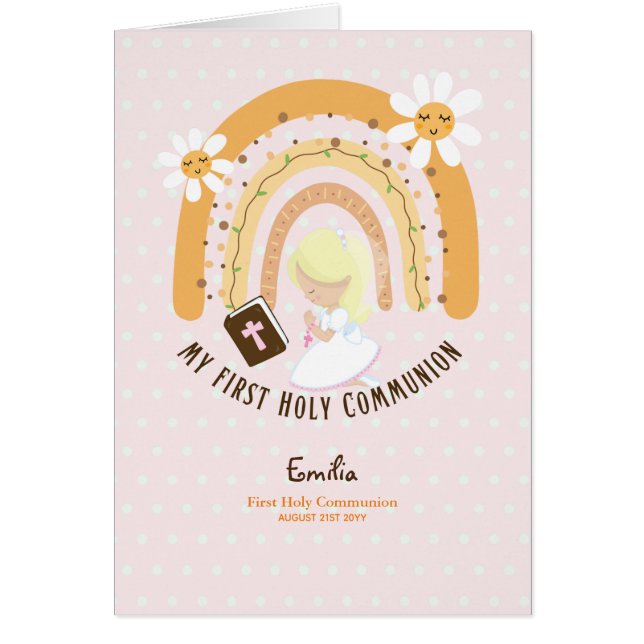 Anpassningsbar First Heliga Communion Cute Blonde  Hälsningskort (Framsidan)