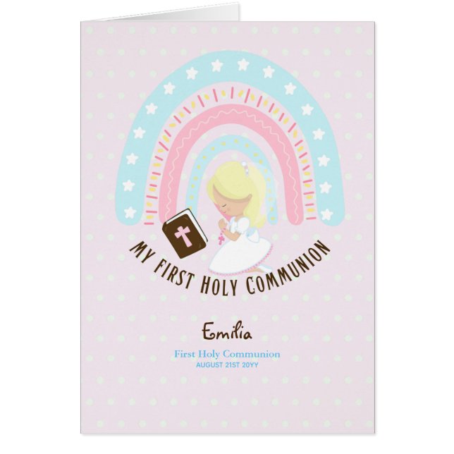 Anpassningsbar First Heliga Communion Cute Blonde  Hälsningskort (Framsidan)