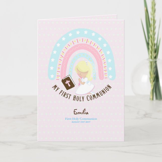 Anpassningsbar First Heliga Communion Cute Blonde  Tack Kort (Framsida)