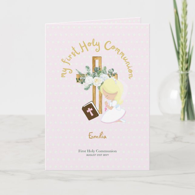 Anpassningsbar First Heliga Communion Cute Blonde  Tack Kort (Framsida)