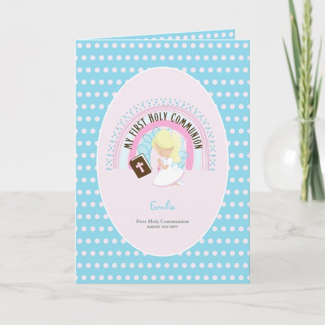 Anpassningsbar First Heliga Communion Cute Blonde  Tack Kort (Framsida)