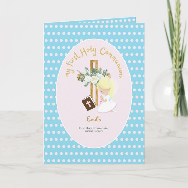 Anpassningsbar First Heliga Communion Cute Blonde  Tack Kort (Framsida)