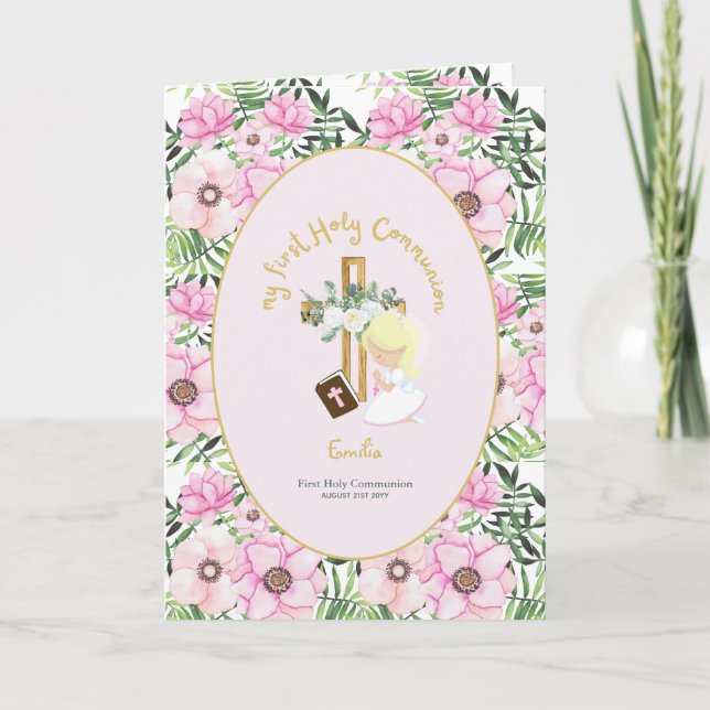 Anpassningsbar First Heliga Communion Cute Blonde  Tack Kort (Framsida)