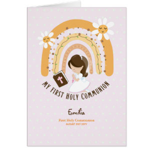 Anpassningsbar First Heliga Communion Cute Brown H Hälsningskort