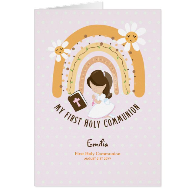 Anpassningsbar First Heliga Communion Cute Brown H Hälsningskort (Framsidan)
