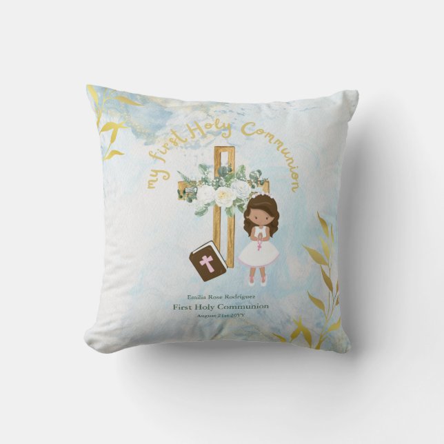 Anpassningsbar First Heliga Communion Cute Brown H Kudde (Framsida)