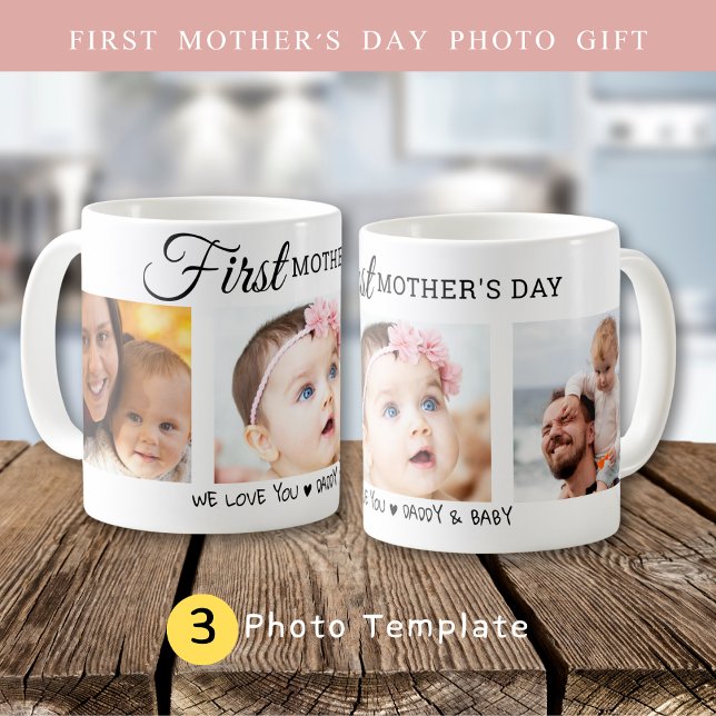 Anpassningsbar First Mor's Day 3 Photo Collage New Kaffemugg (Custom First Mother’s Day 3 Photo Collage New Mom Coffee Mug)