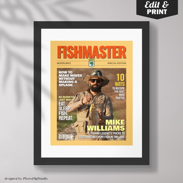 Anpassningsbar Fishing Magazine Cover, Gift for Fi Poster (Custom Fishing Magazine Cover, Gift for Fisherman Poster Editable and Printable)