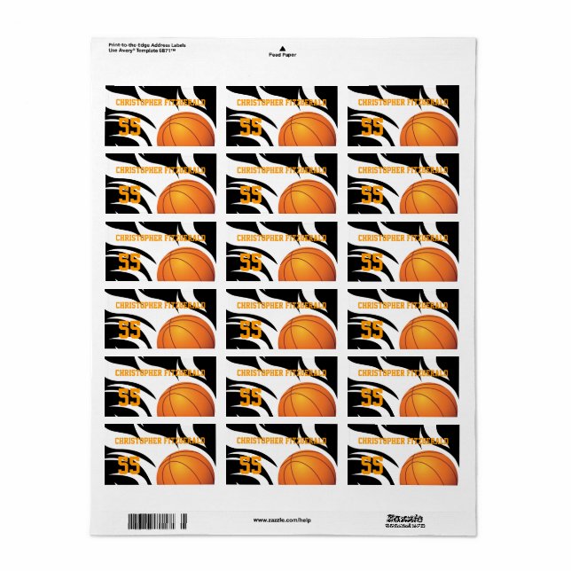 Anpassningsbar Flaming Basketball Black and White Adressetikett (Helt Ark)