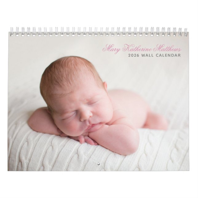 Anpassningsbar Flicka Newborn Photo Chic Rosa 2026 Kalender (Omslag)