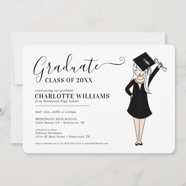 Anpassningsbar flickavatar | Gymnasieavslutning Inbjudningar (Framsida)