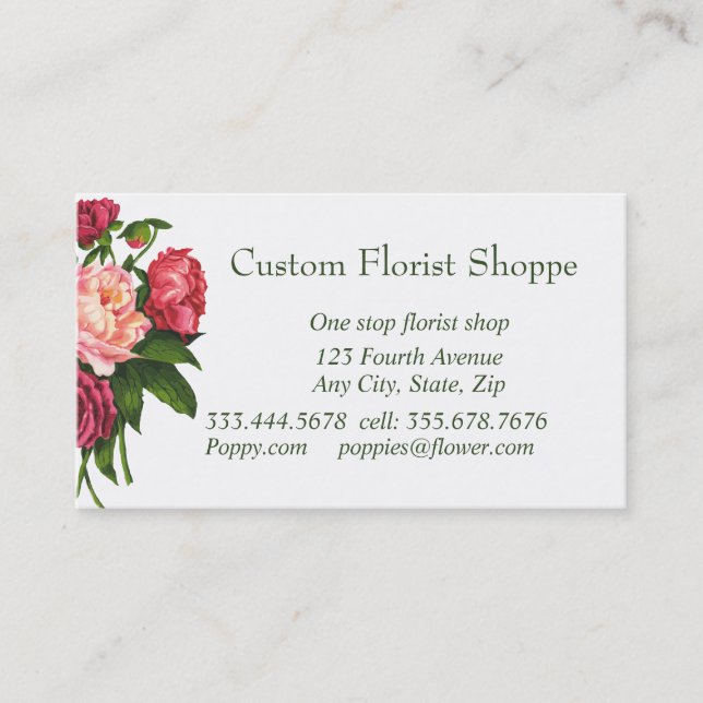 Anpassningsbar Florist Shoppe Peony Garden Flowers Visitkort (Framsida)