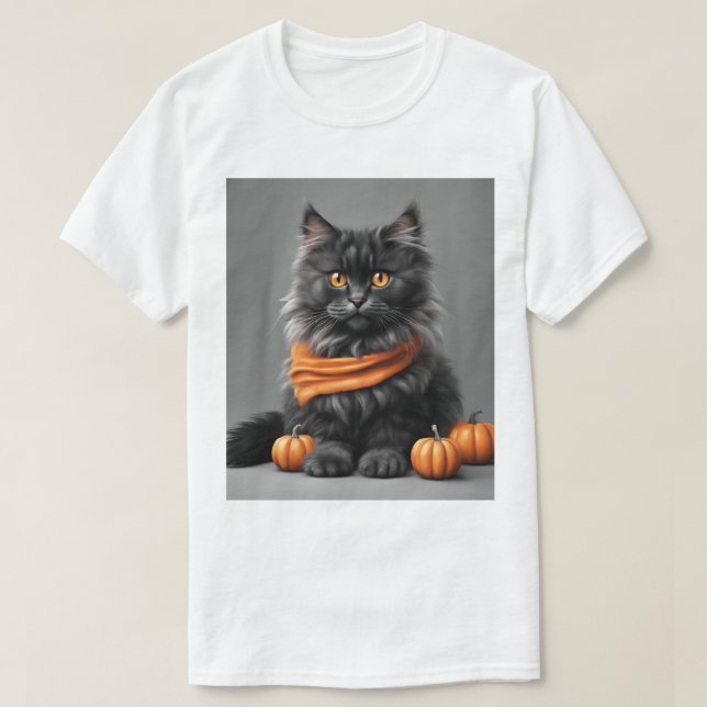 Anpassningsbar Fluffy Grått Halloween Cat White T- T Shirt (Design framsida)