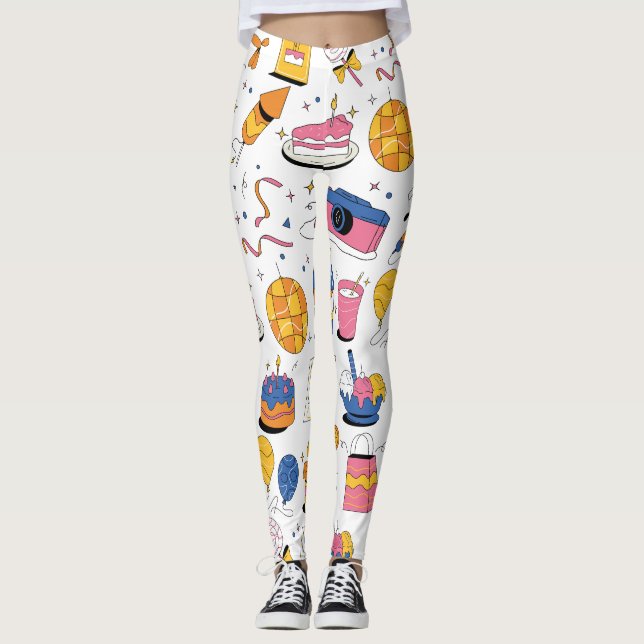 Anpassningsbar födelsedag i blått Rosa Orange Leggings (Framsida)