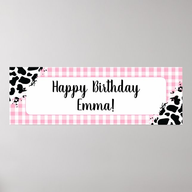 Anpassningsbar födelsedagsbanner rosa gingham poster (Framsidan)