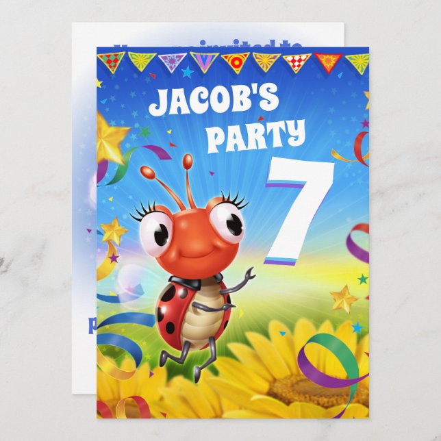 Anpassningsbar Födelsedagsfest inbjudan pojke 7 år (Fram/baksida)