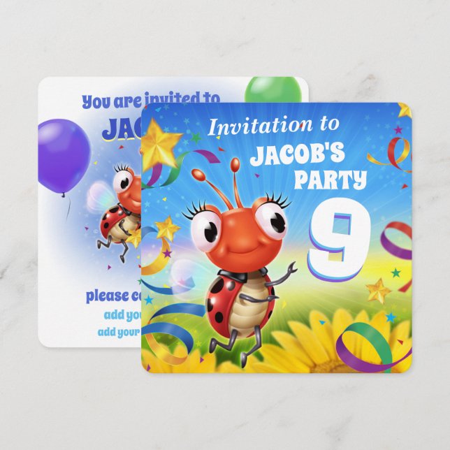 Anpassningsbar Födelsedagsfest inbjudan pojke 9 år (Fram/baksida)