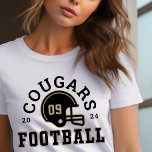 Anpassningsbar Football Mamma Guld och Grått Team T Shirt<br><div class="desc">Anpassningsbar Front and Back Football T-Shirt for Mamma - som visas i White Design for Football mammor har en fotbollshjälm med sporttext som kan anpassas för laget namn,  sonens efternamn och hans jersey-nummer. Guld och kol-grått-färg kan anpassas.</div>