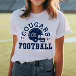 Anpassningsbar Football Mamma Navy Blue and Grått  T Shirt<br><div class="desc">Anpassningsbar Front and Back Football T-Shirt for Mamma - som visas i White Design for Football mammor har en fotbollshjälm med sporttext som kan anpassas för laget namn,  sonens efternamn och hans jersey-nummer. Silver grått och marinblått färg kan anpassas.</div>