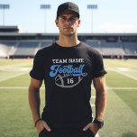 Anpassningsbar Football Player Namn och Number Bla T Shirt<br><div class="desc">Anpassningsbar Front and Back Manar Football T-Shirt - visas i svart design med texten "Football" som kan anpassas för teamet namn,  efternamn och jersey-nummer. Vitt,  blått och grått färg kan anpassas.</div>