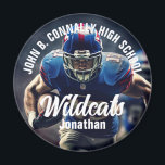 Anpassningsbar Football Player Photo High School S Magnet<br><div class="desc">Den här coolan har skräddarsytt fotbolls-spelarens fotospritmagnet med vit typografi av ditt team och namn. Anpassa med mascot-typen över idrottsmannens foto.</div>