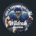 Anpassningsbar Football Player Photo High School S Magnet<br><div class="desc">Den här coolan har skräddarsytt fotbolls-spelarens fotospritmagnet med vit typografi av ditt team och namn. Anpassa med mascot-typen över idrottsmannens foto.</div>