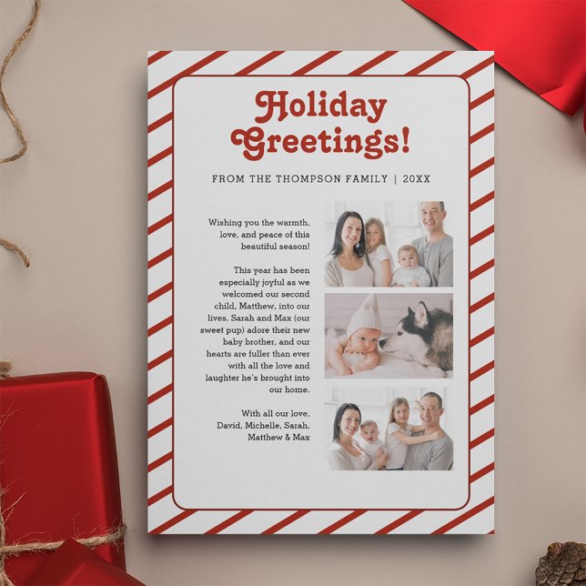 Anpassningsbar för att uppdatera  för Family chris Julkort (Holiday Greeting custom 3 family photos white red stripe card.)