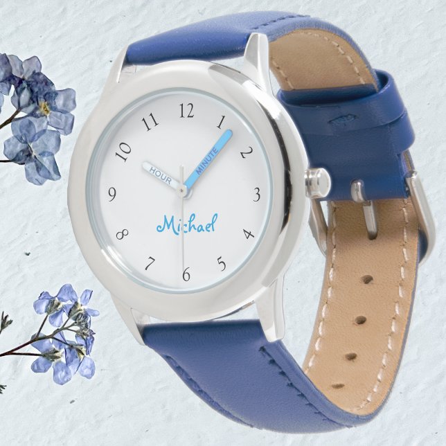 Anpassningsbar för barn i Namn Blue Leather Strap  Armbandsur (Kids Name Blue Leather Strap Boys Custom Watch)