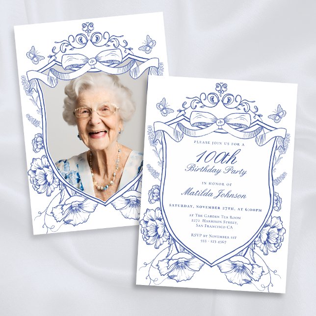 Anpassningsbar för blå Blommigt - foto 100:e Födel Inbjudningar (Blue Floral Custom Photo 100th Birthday Party Invitation)