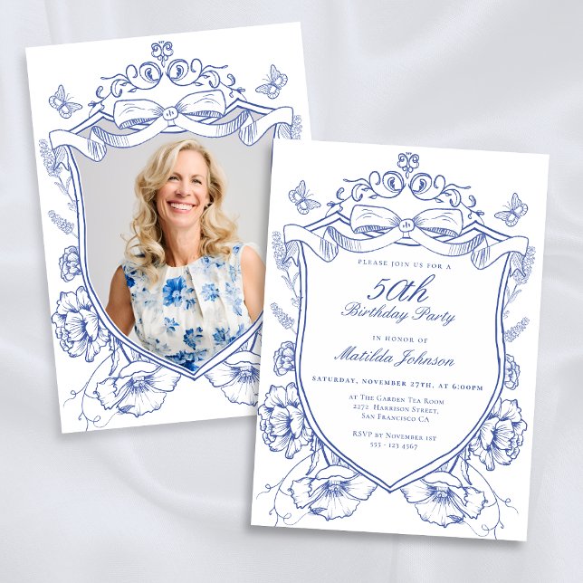 Anpassningsbar för blå Blommigt - foto 50:e Födels Inbjudningar (Blue Floral Custom Photo 50th Birthday Party Invitation)