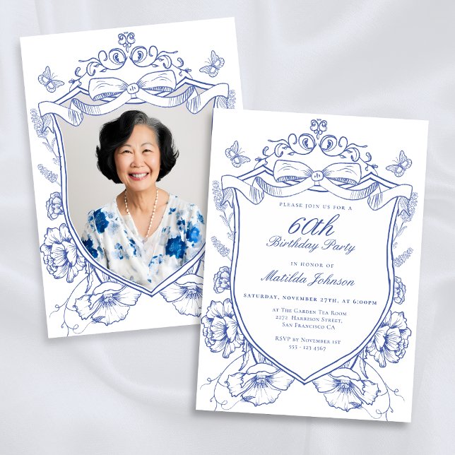 Anpassningsbar för blå Blommigt - foto 60:e Födels Inbjudningar (Blue Floral Custom Photo 60th Birthday Party Invitation)