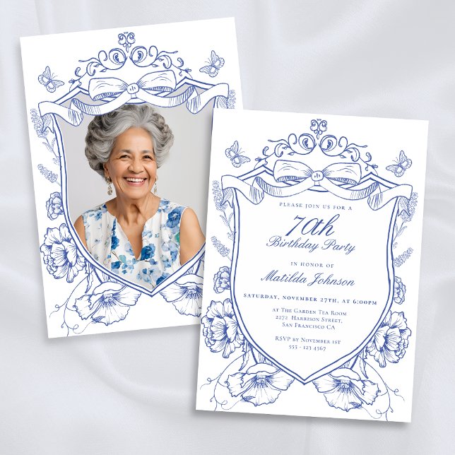 Anpassningsbar för blå Blommigt - foto 70:e Födels Inbjudningar (Blue Floral Custom Photo 70th Birthday Party Invitation)