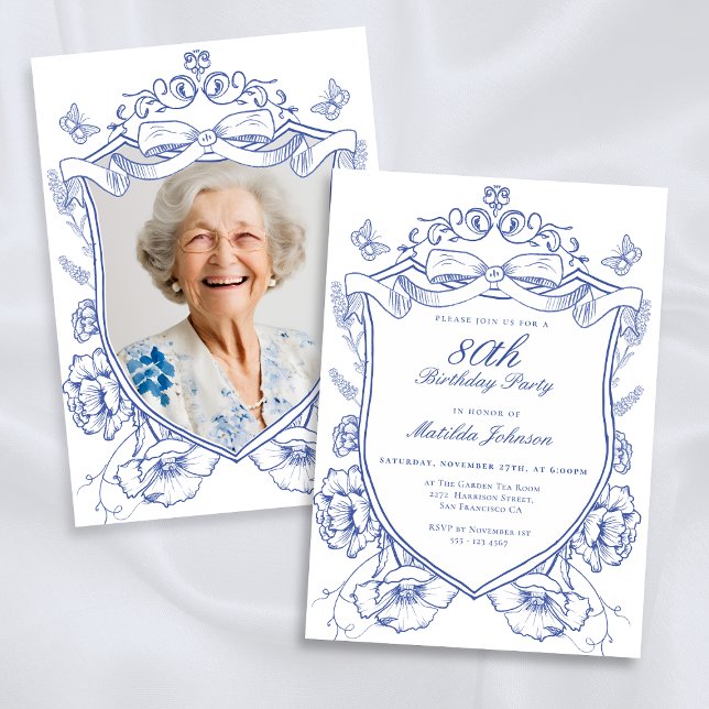 Anpassningsbar för blå Blommigt - foto 80:e Födels Inbjudningar (Blue Floral Custom Photo 80th Birthday Party Invitation)