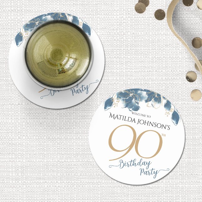 Anpassningsbar för blå Guld-Blommigt, 90:e Födelse Underlägg Papper Rund (Blue Gold Floral Custom 90th Birthday Party Round Paper Coaster)